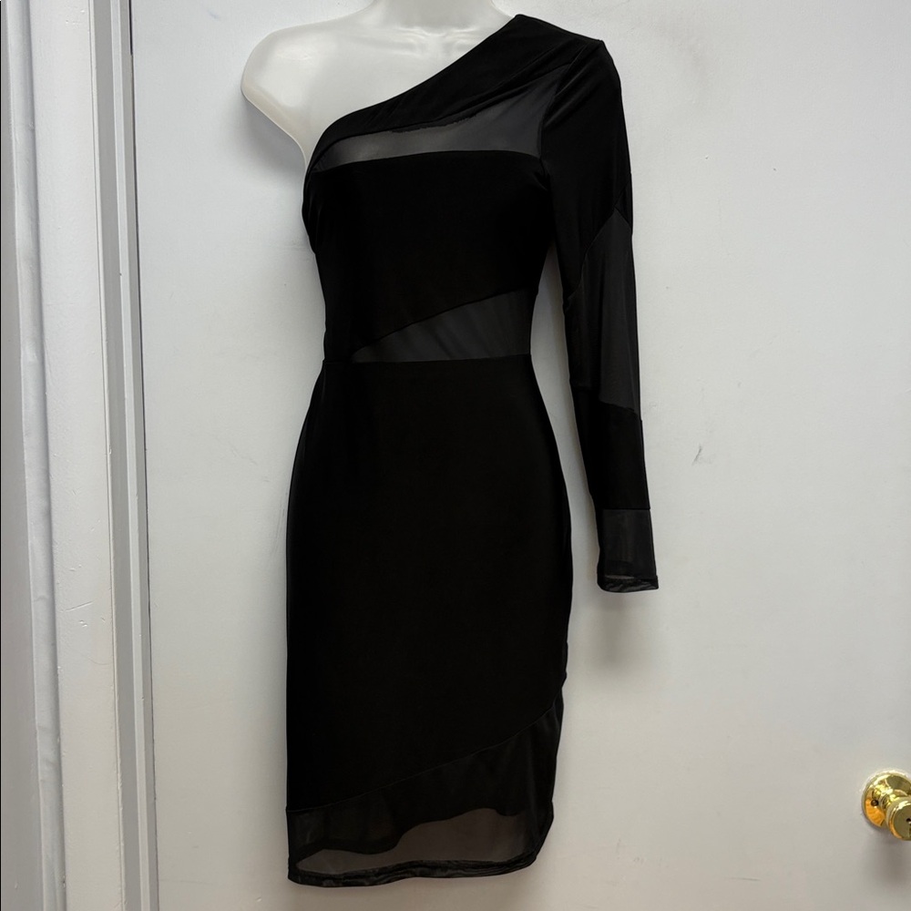 ✨ Venus One-Shoulder Black Bodycon Dress | Sheer Mesh Panels | Size L